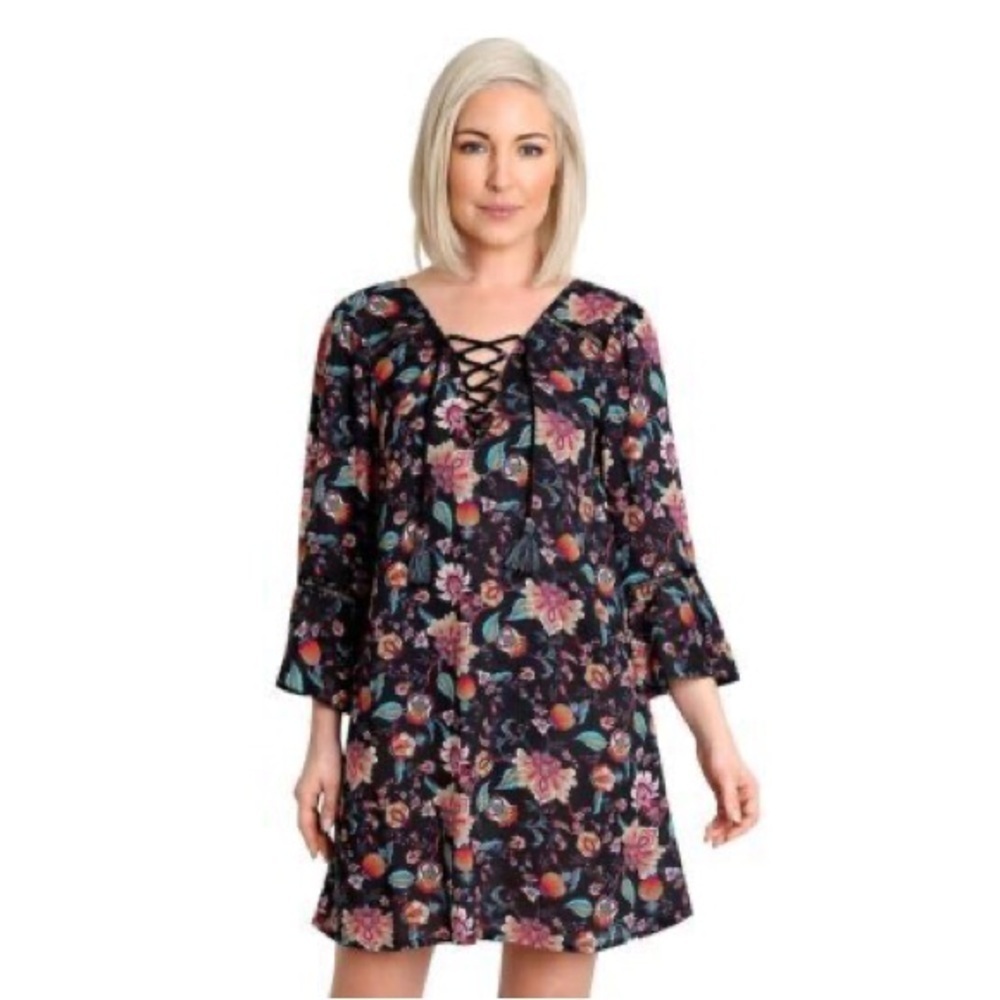 Nanette Lepore - Bright Floral Viscose Lace Up Long Sleeve Mini Dress Size Small